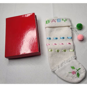 Vintage Kurt Adler White Multicolor Christmas Pom Pom Ribbon Lace Baby Stocking